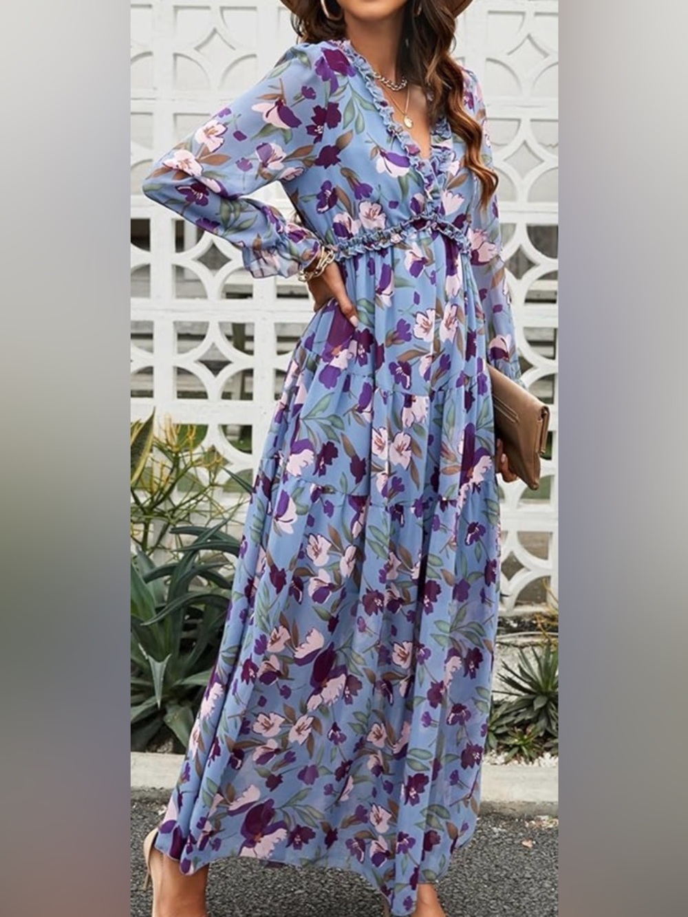 Blue Floral Maxi Dress with Ruffle V-Neck - Picture 4 of 4